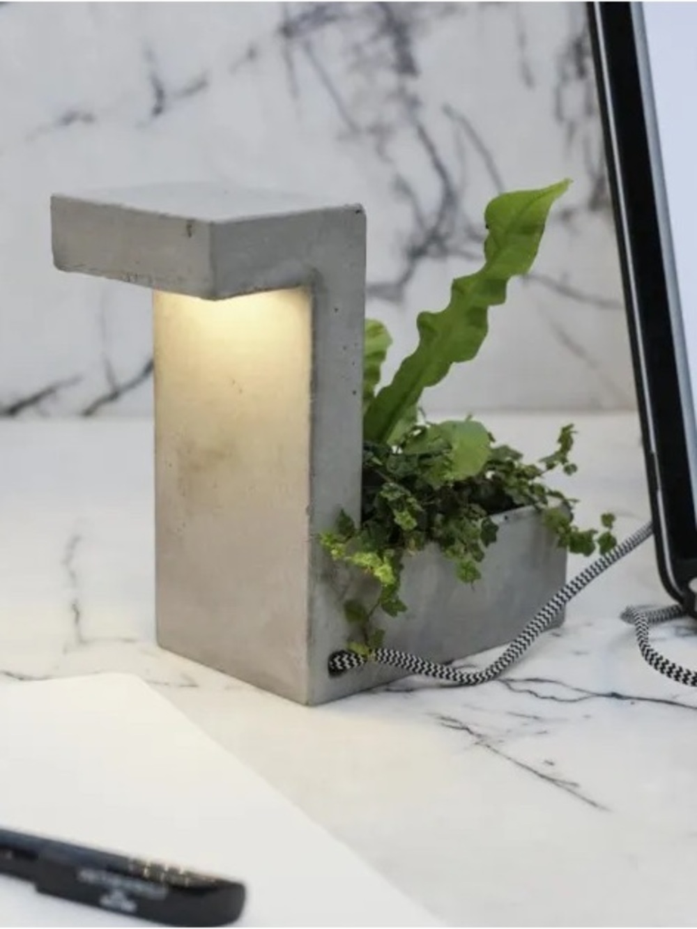 Kikkerland Concrete Desk Planter and Lamp, Preowned